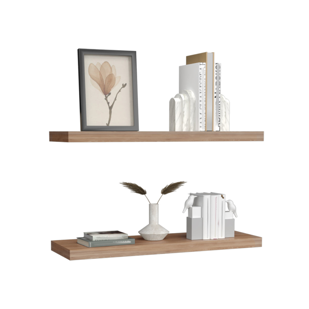 Set of two 31.5-inch walnut finish floating shelves by Anthony & Home, showcasing modern wall-mounted storage.