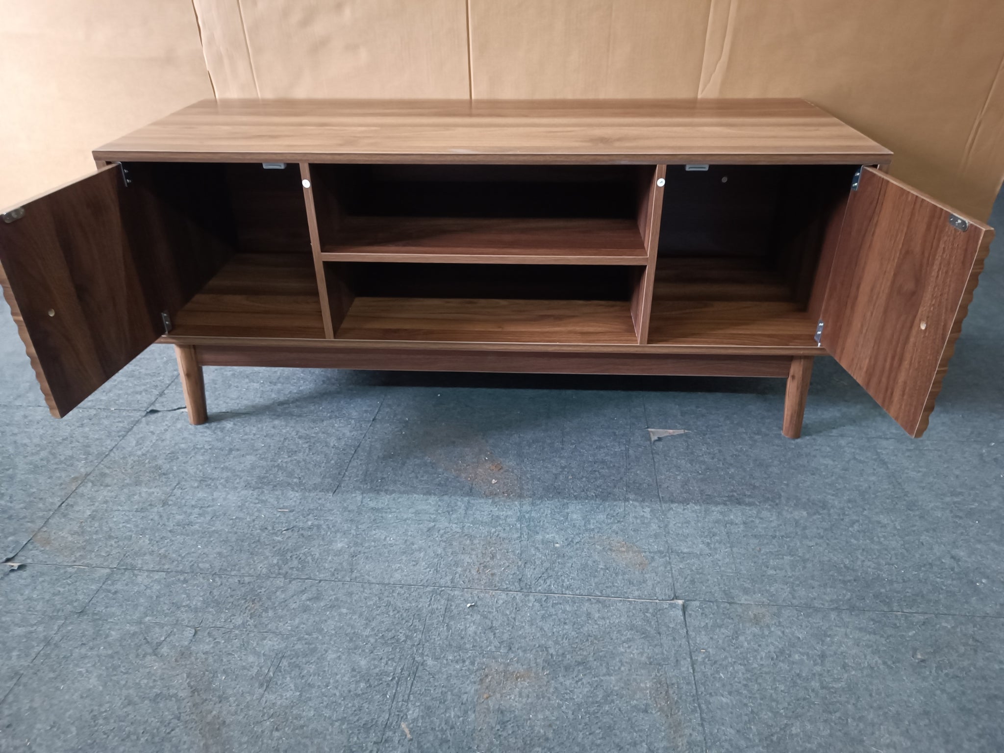 Walnut mid-century TV stand by Anthony & Home with sleek design, storage compartments, and modern style for living room entertainment.