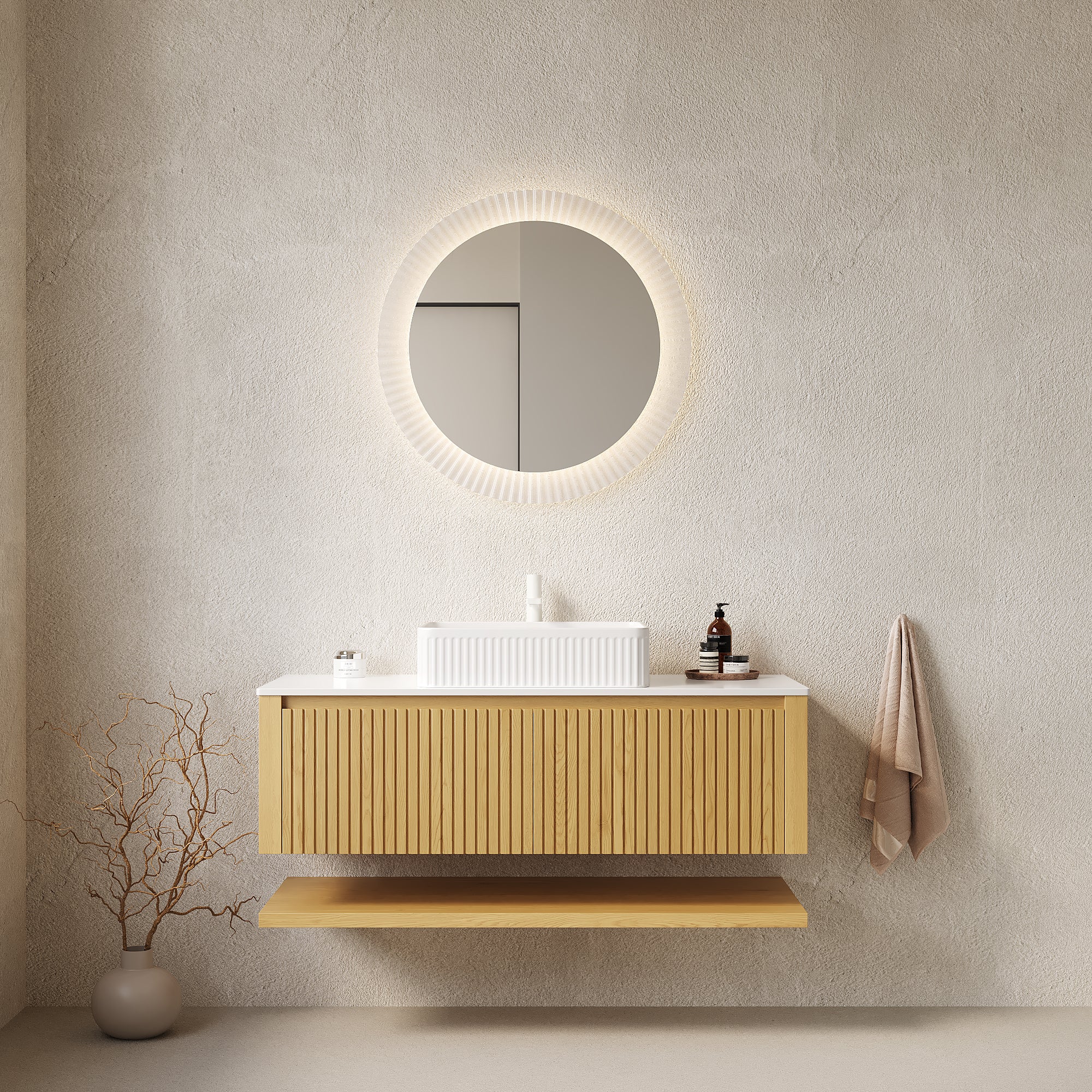 Hizon 48-inch wall-mounted bathroom vanity with sink, plywood cabinet, drawers, open shelf, sintered stone countertop, ceramic basin, Oak finish