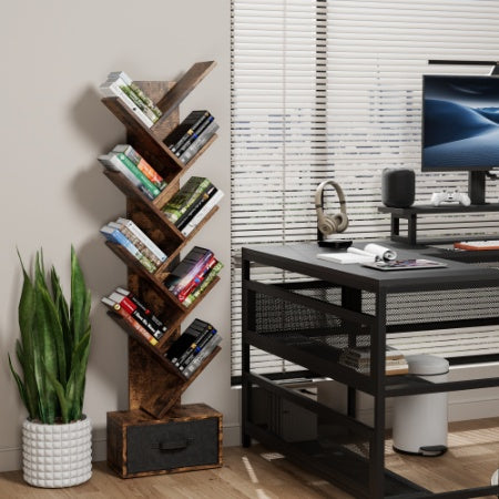 9 Tier Tree Bookshelf With Drawer Bookcase Rustic Brown