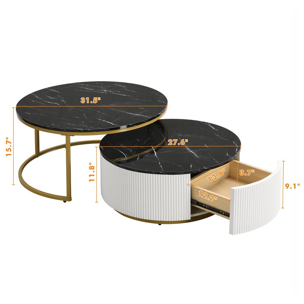 Brass round nesting coffee table with fluted design and drawer by Anthony & Home, showcasing a stylish modern living room accent piece.