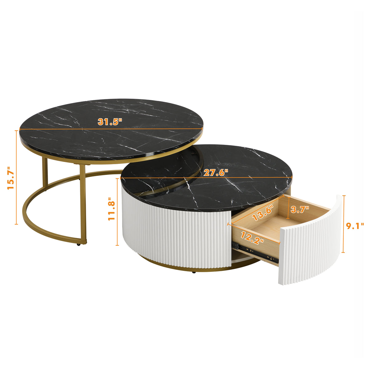 Brass round nesting coffee table with fluted design and drawer by Anthony & Home, showcasing a stylish modern living room accent piece.