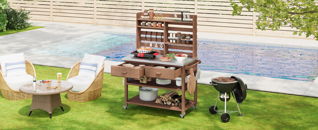 Anthony & Home outdoor potting bench with stainless steel top, featuring a sturdy frame and ample workspace for gardening tasks.