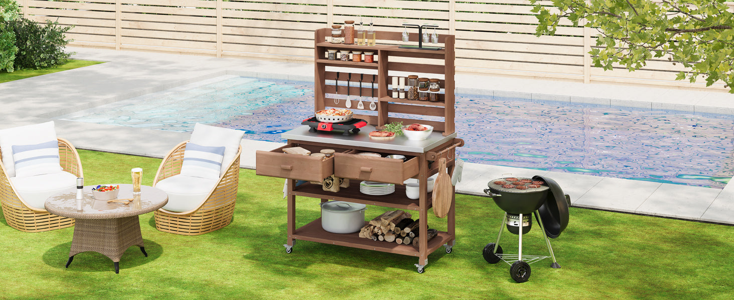 Anthony & Home outdoor potting bench with stainless steel top, featuring a sturdy frame and ample workspace for gardening tasks.