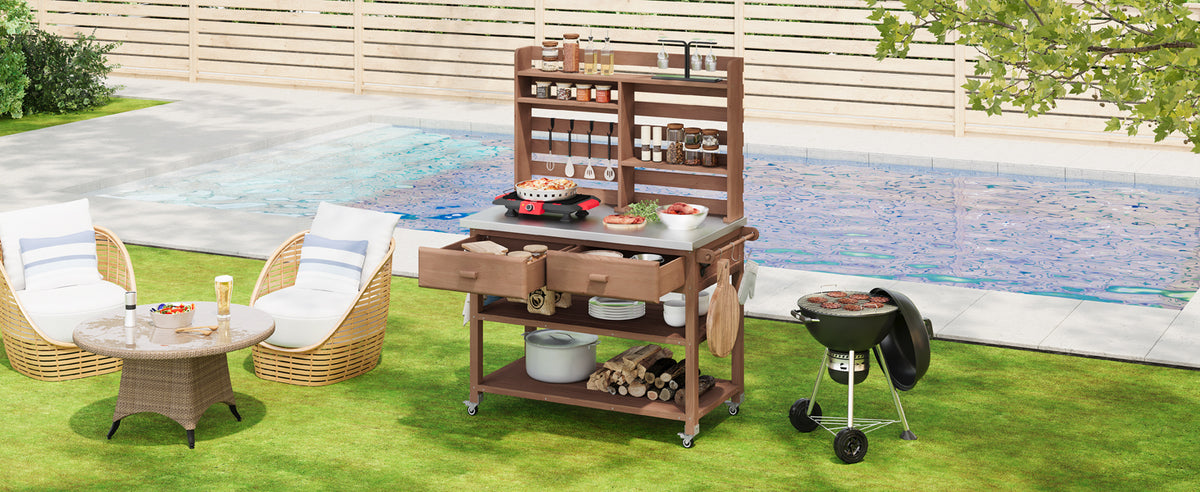 Anthony & Home outdoor potting bench with stainless steel top, featuring a sturdy frame and ample workspace for gardening tasks.