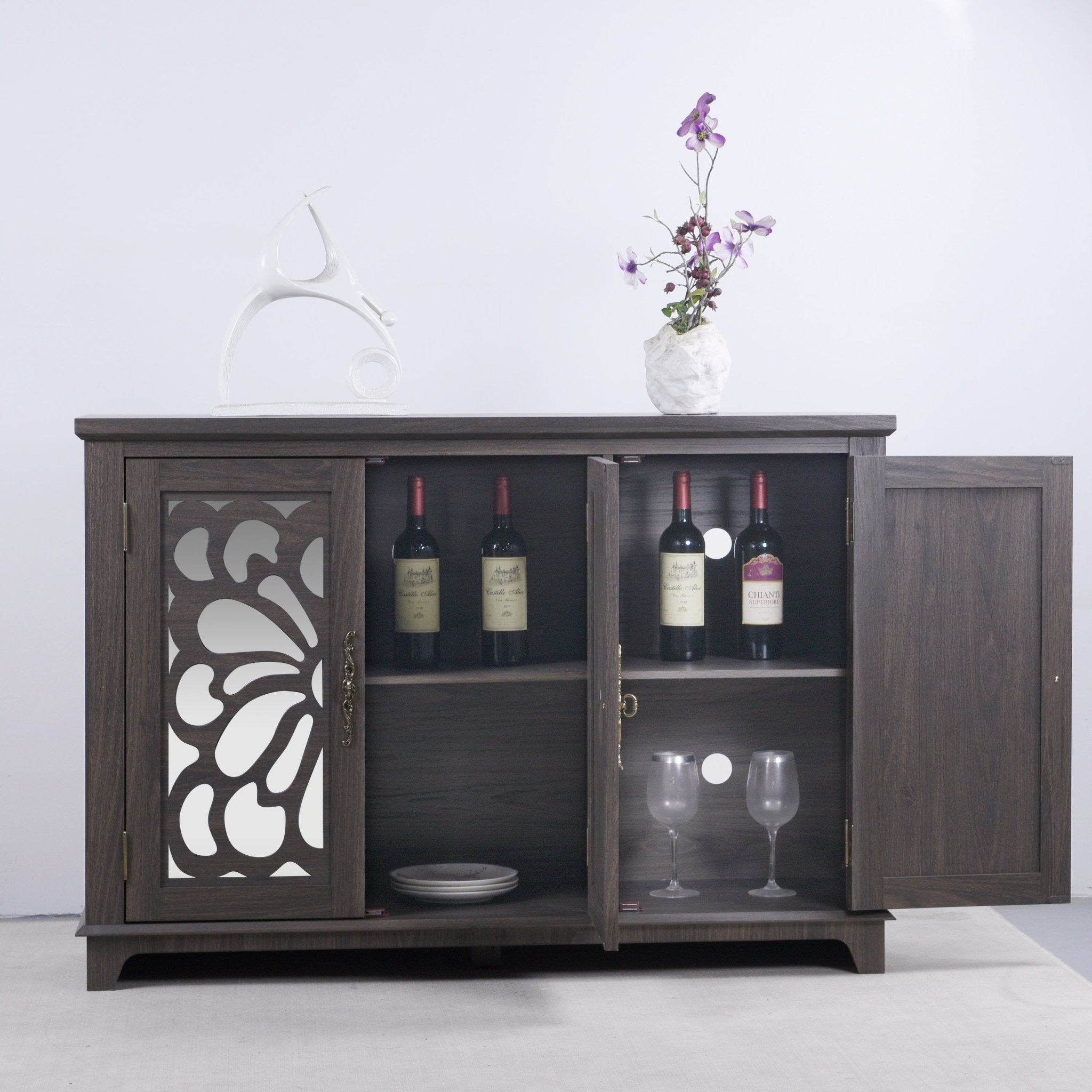 Heritage walnut sideboard by Anthony & Home with mirrored doors and adjustable shelves, measuring 49.3 x 15.6 inches.