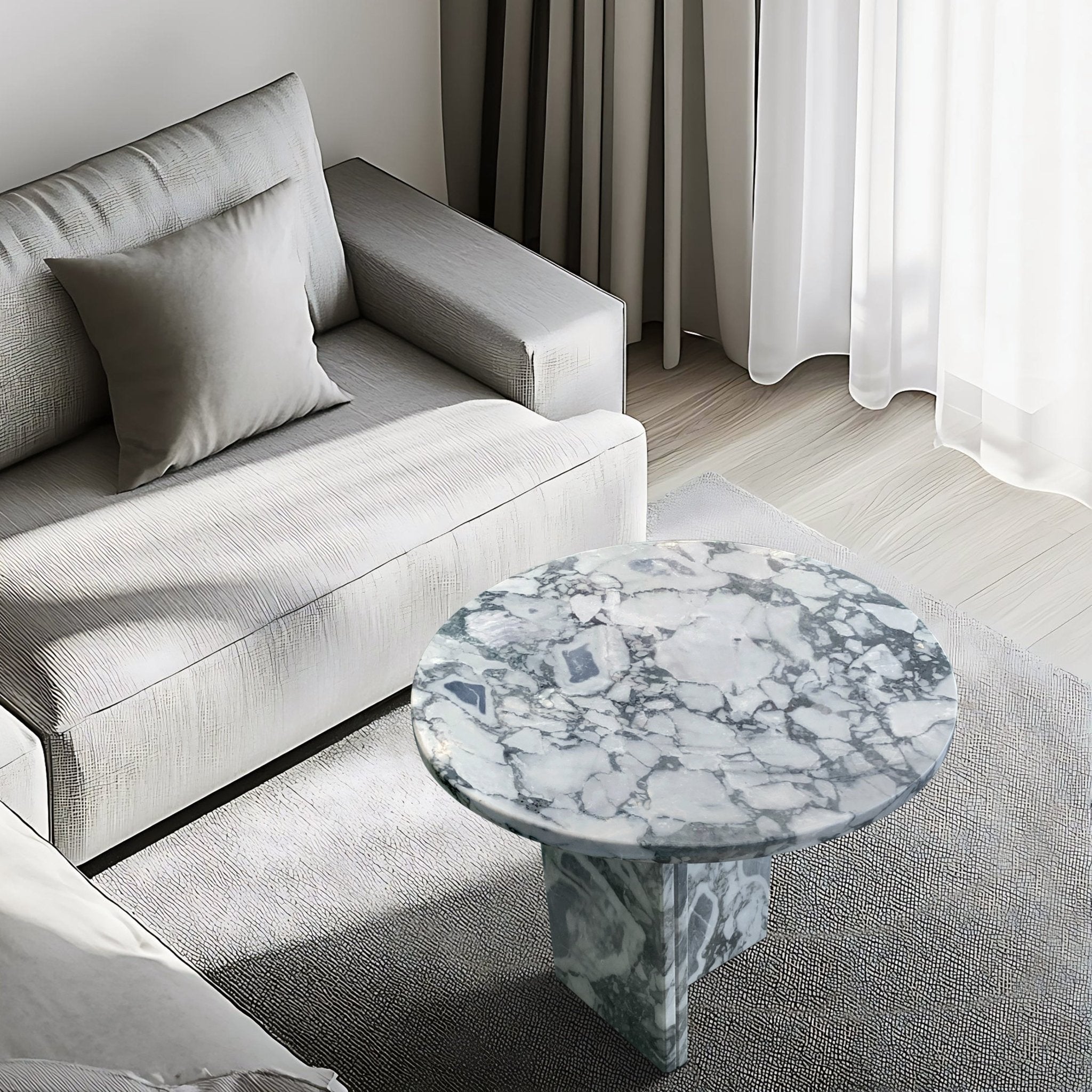 Blue Grey Marble Round Coffee Table by Anthony & Home featuring a sleek marble surface and modern design.