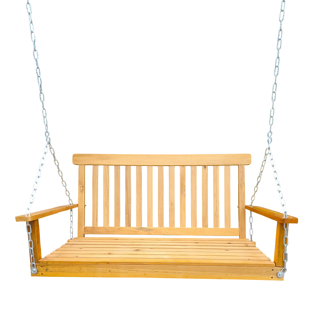 Teak Wood Porch Swing With Armrests And Hanging Chains Premium Outdoor Collection