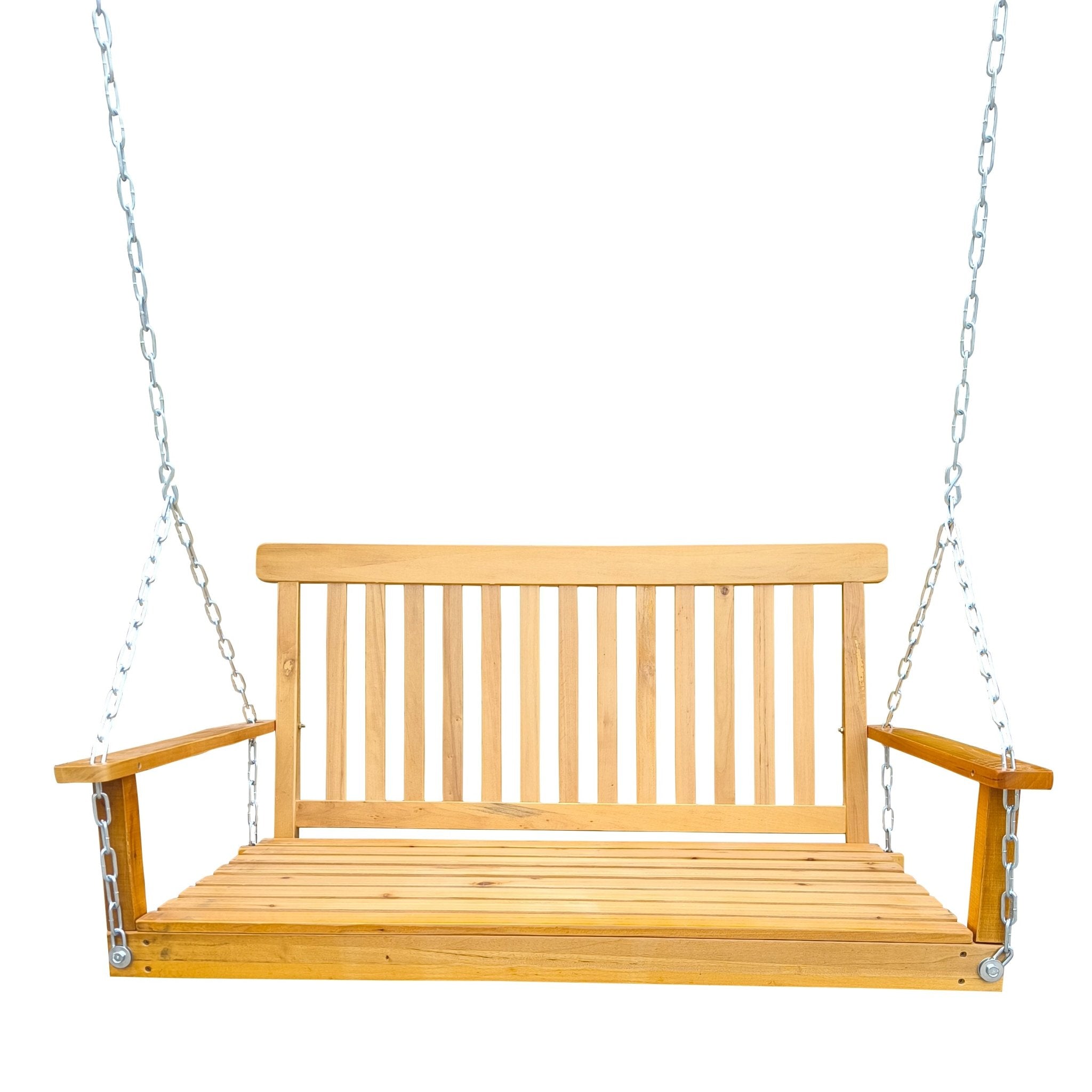 Anthony & Home teak wood porch swing with armrests, hanging chains, and outdoor design, perfect for relaxing outdoor spaces.