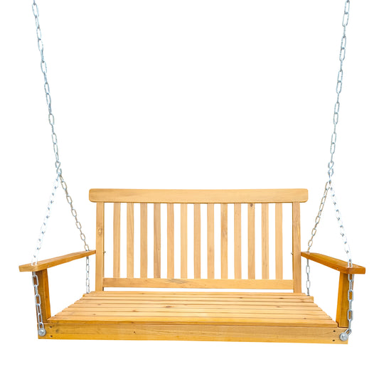 Teak Wood Porch Swing With Armrests And Hanging Chains Premium Outdoor Collection