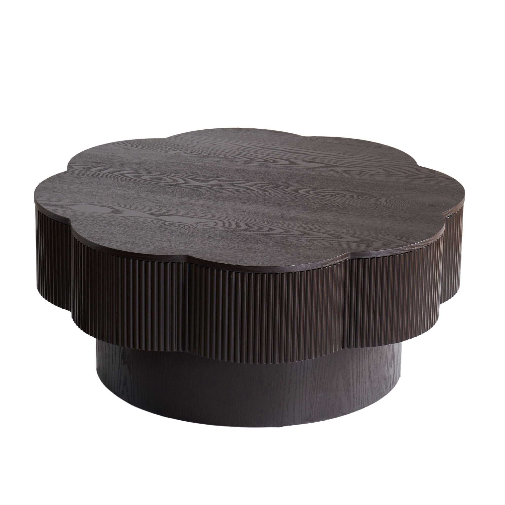 Dark brown wood veneer Plum Blossom coffee table by Anthony & Home with a sleek, modern design and smooth surface.