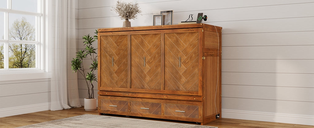 Queen size walnut Murphy bed with geometric panel, USB charging, from Anthony & Home Studio Collection, shown in a modern bedroom setting.