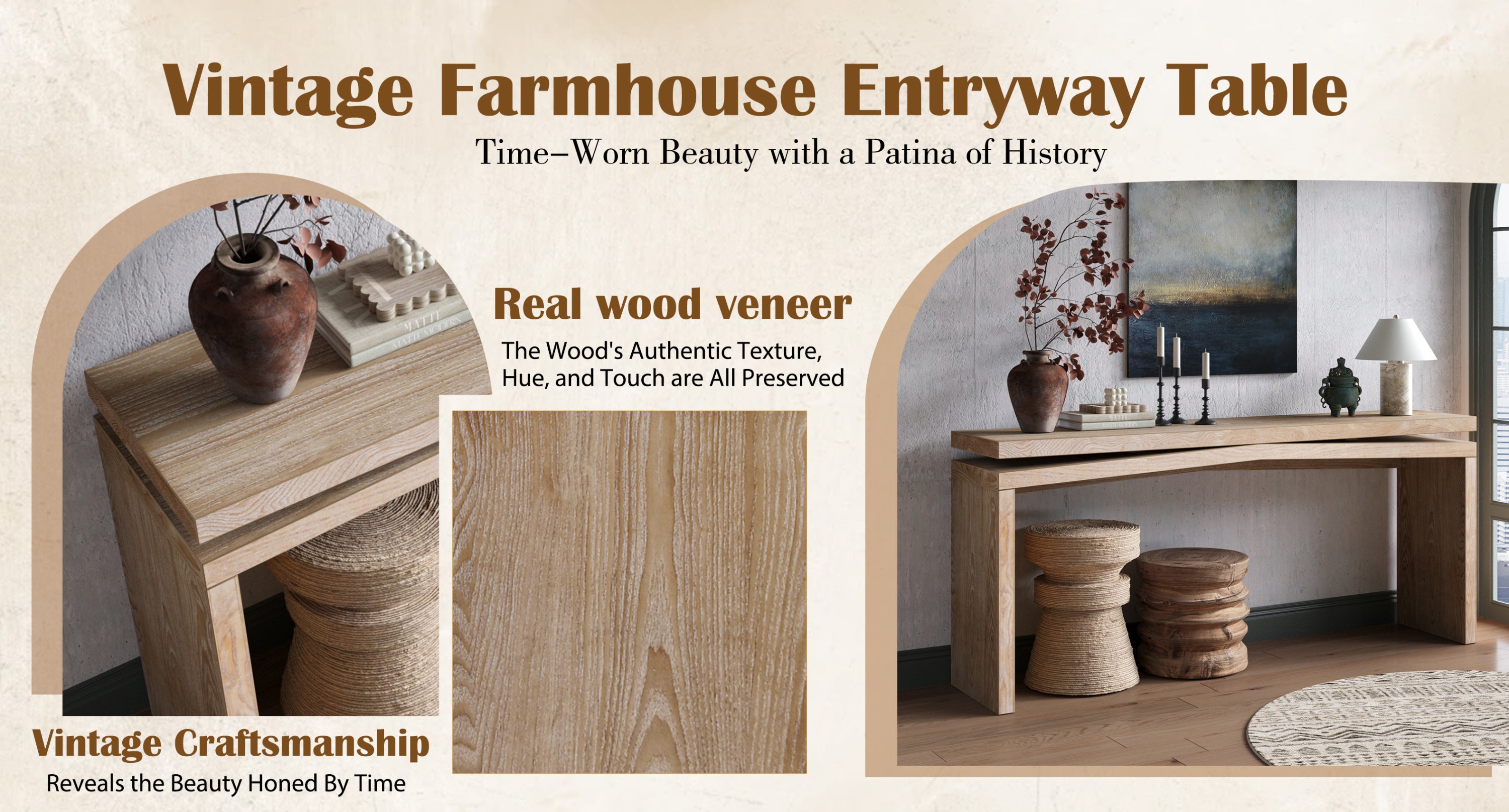 Heritage Rustic Solid Wood Veneer Console Table by Anthony & Home showing a natural wood finish and sturdy design