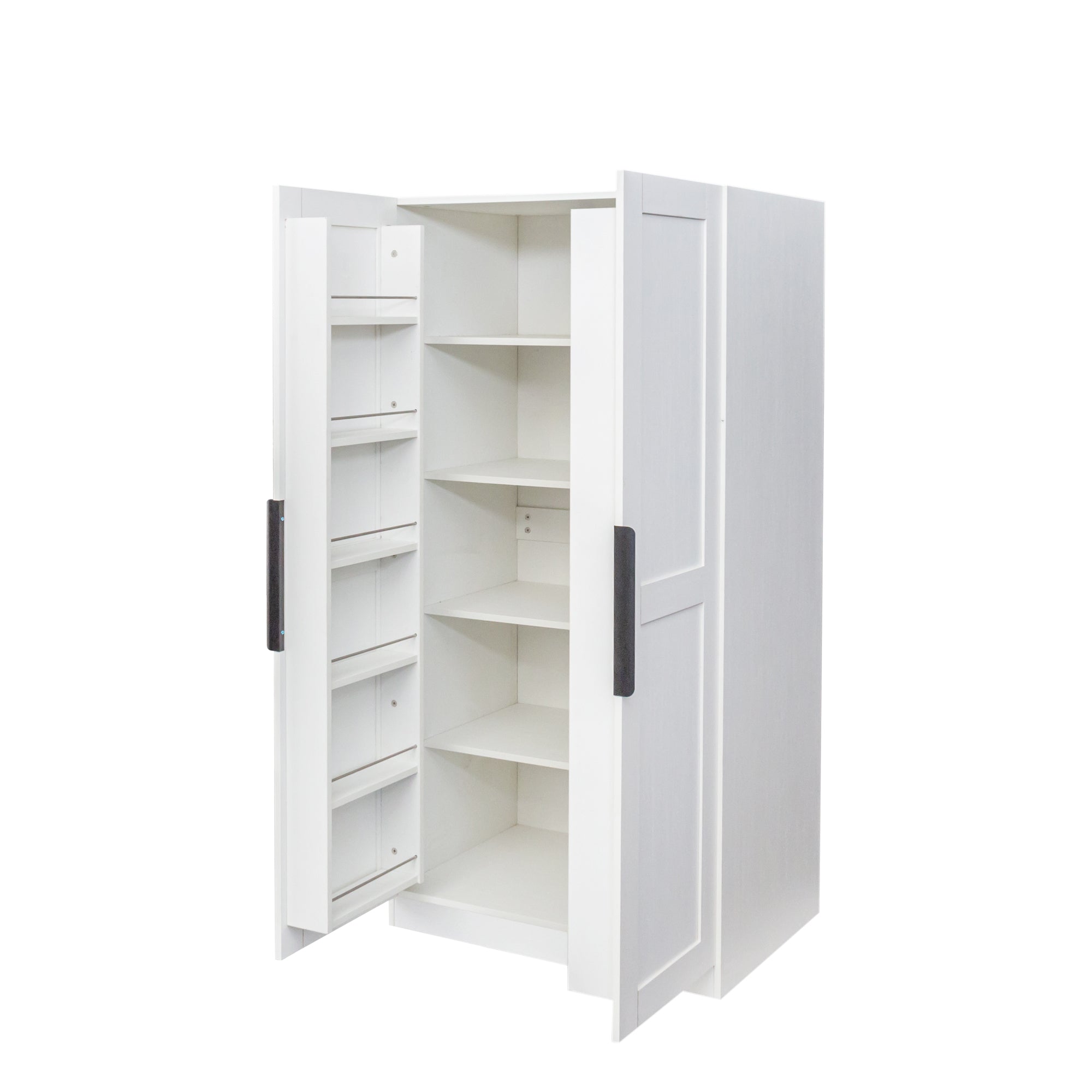 Anthony & Home Signature White Pantry Cabinet with doors and shelves, showcasing a sleek, modern kitchen storage solution.