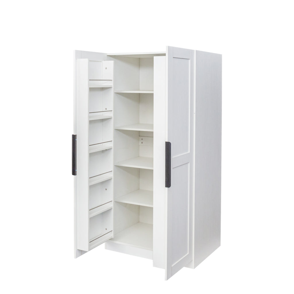 Anthony & Home Signature White Pantry Cabinet with doors and shelves, showcasing a sleek, modern kitchen storage solution.
