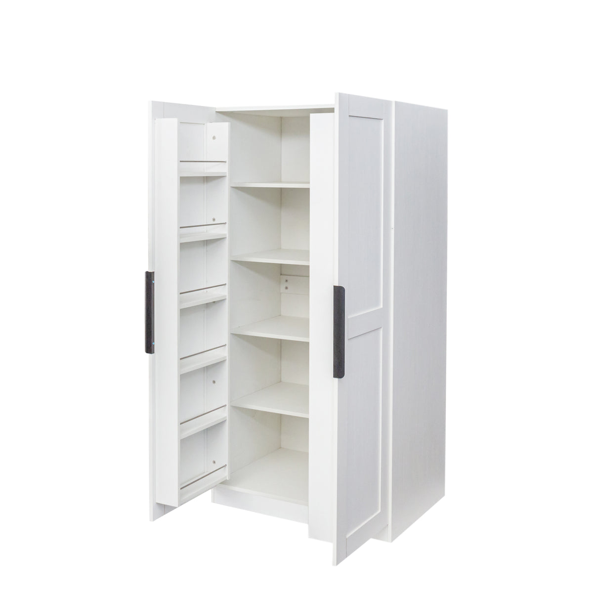 Anthony & Home Signature White Pantry Cabinet with doors and shelves, showcasing a sleek, modern kitchen storage solution.