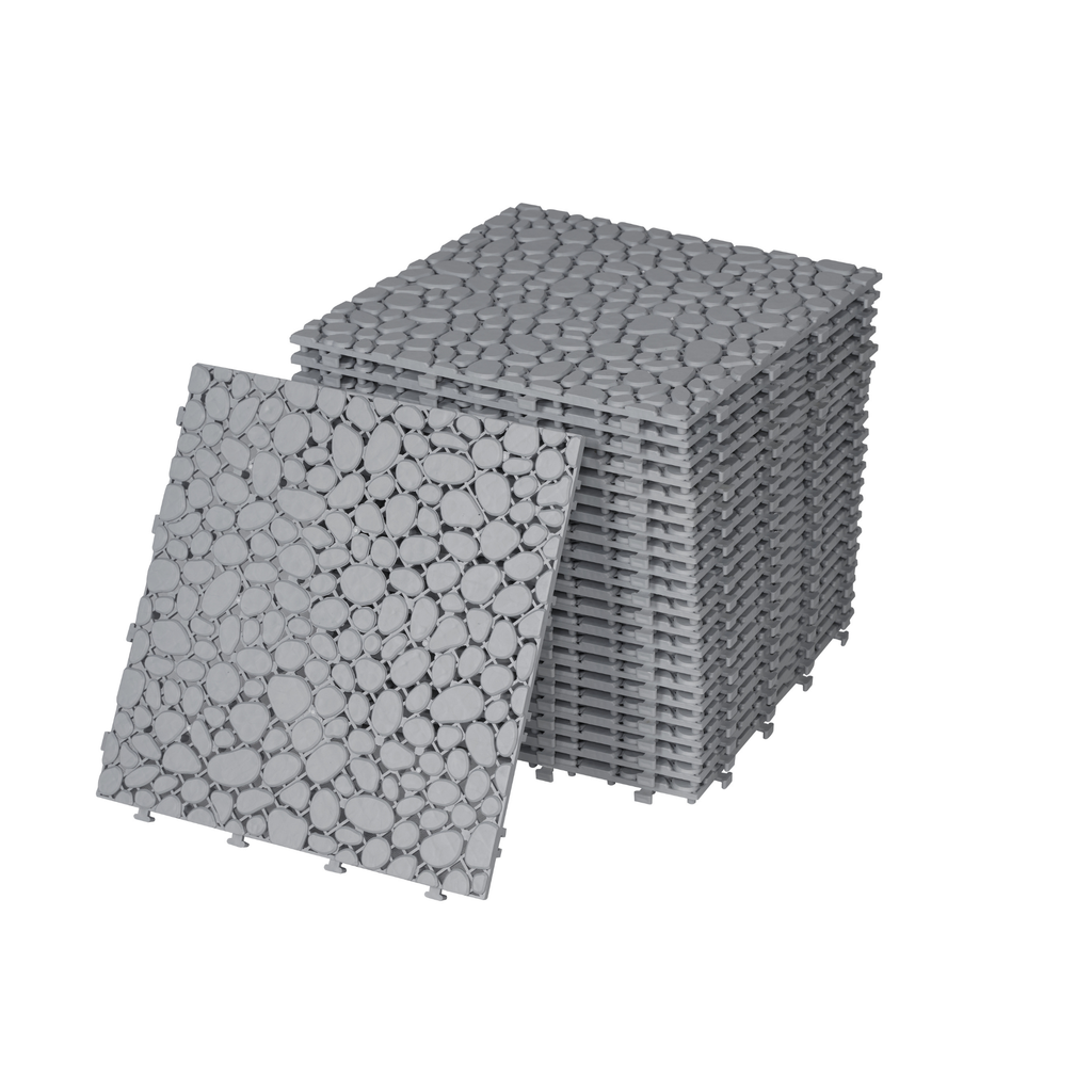 Gray pebble stone interlocking deck tiles by Anthony & Home, waterproof 12x12 outdoor flooring for patios and walkways.