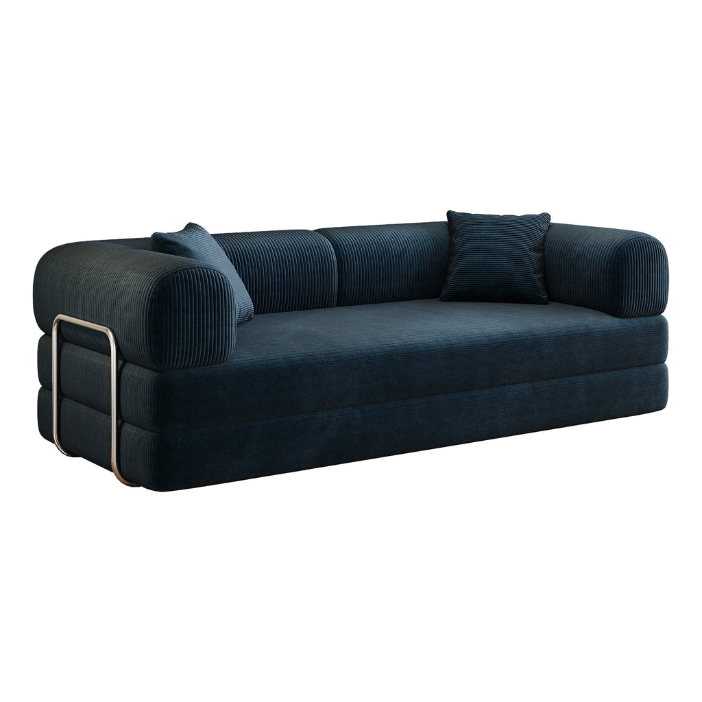 Blue Anthony & Home corduroy convertible sofa bed with plush cushions and fold-out bed functionality.