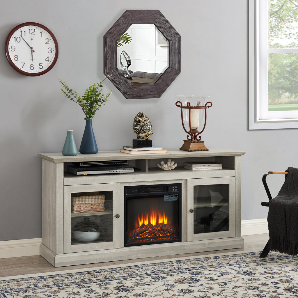 Stone gray finish Studio TV media console with built-in fireplace, modern Anthony & Home entertainment furniture, wood and metal design.