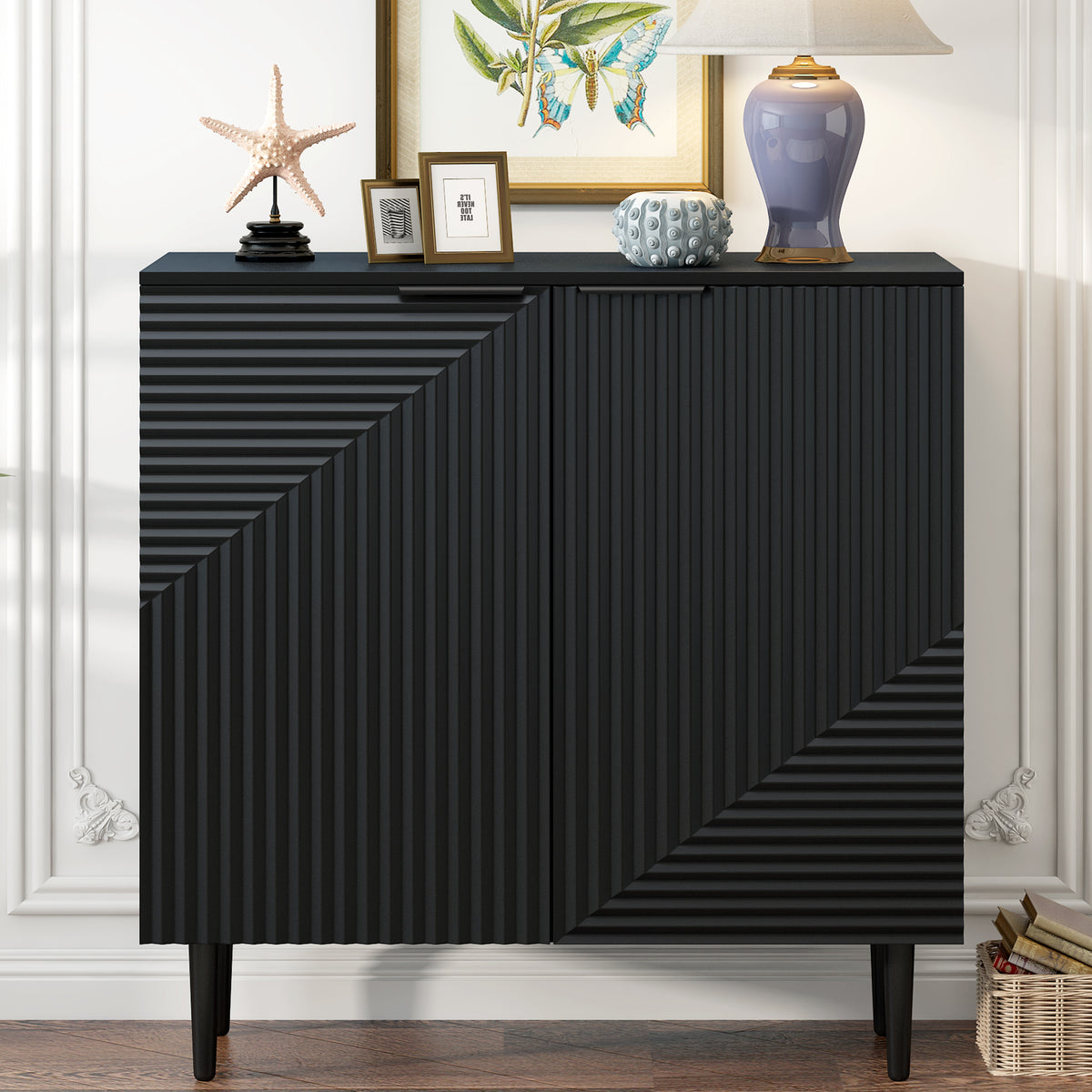 Anthony & Home Mirod Atelier side cabinet with geometric doors, showcasing stylish wood finish and modern design.