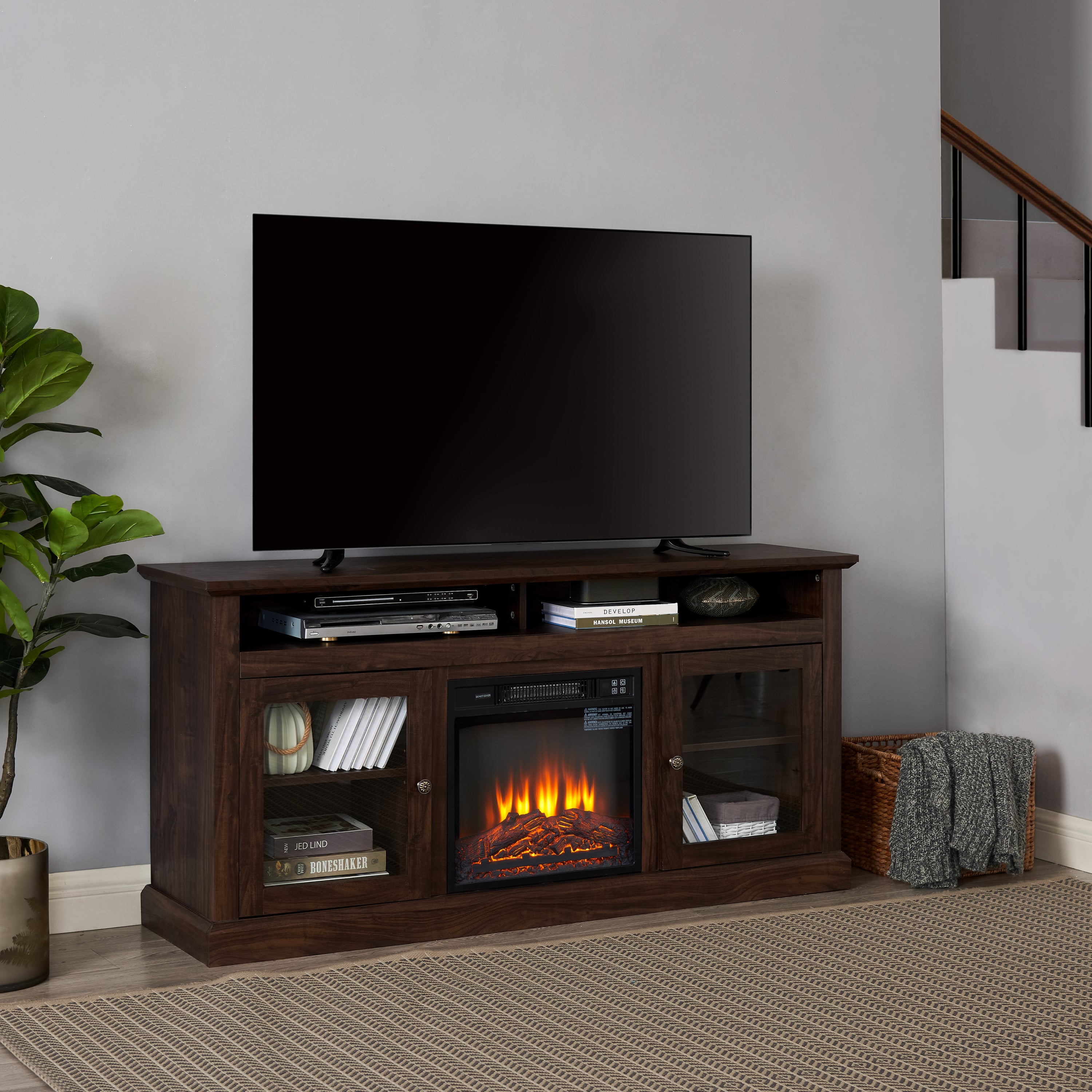Brown wood Heritage Media Console with built-in fireplace, 60-inch length, by Anthony & Home, featuring modern design and storage.