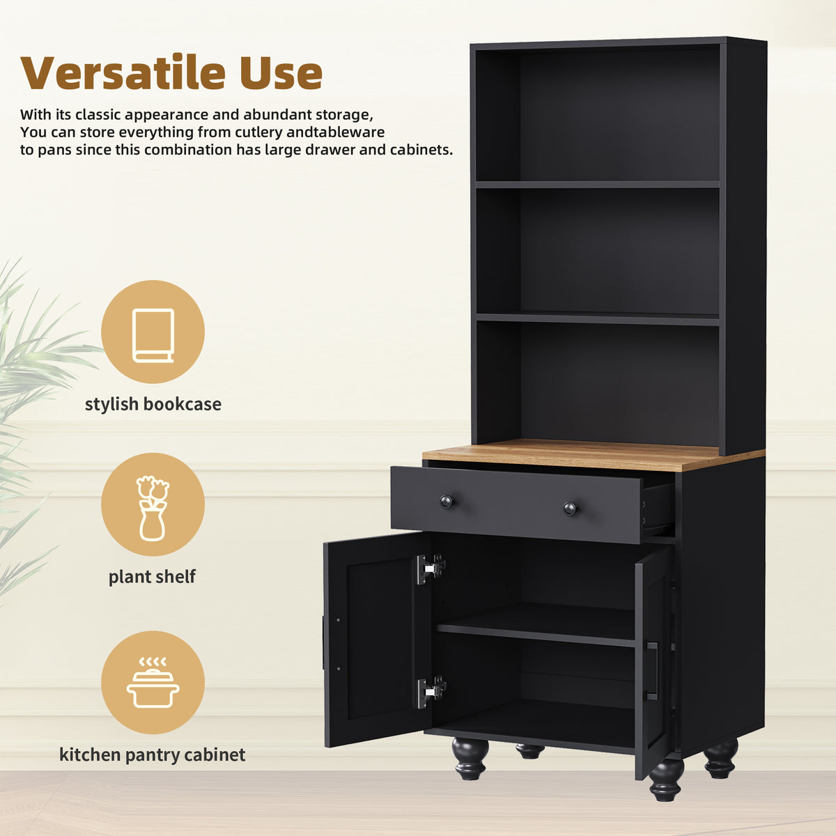 Black farmhouse storage cabinet by Anthony & Home with solid wood gourd-shaped legs, featuring rustic design and spacious interior.