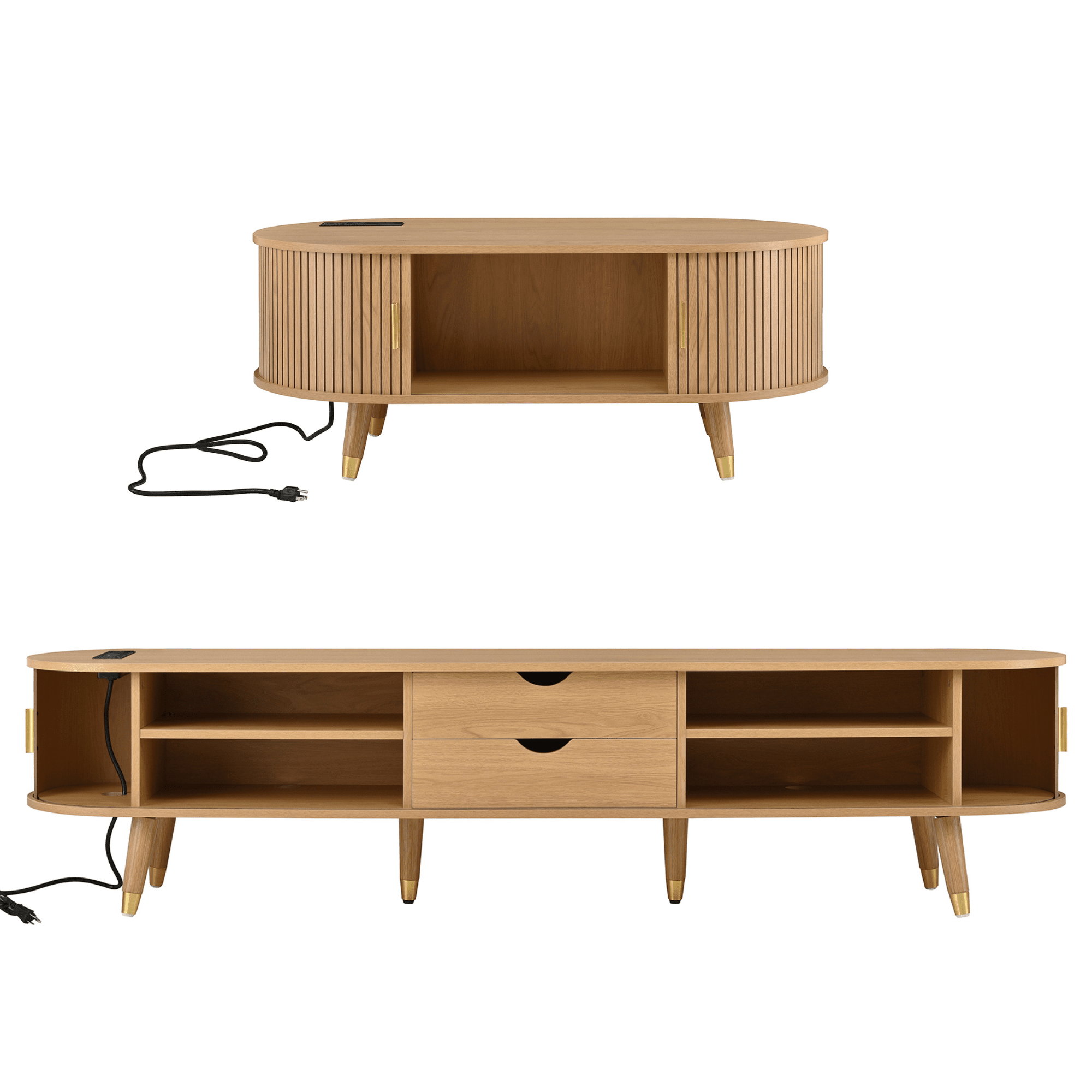 Anthony & Home Teak Veneer Mid-Century Media Console with sliding doors from the Atelier Collection, showcasing sleek wood finish and modern design.
