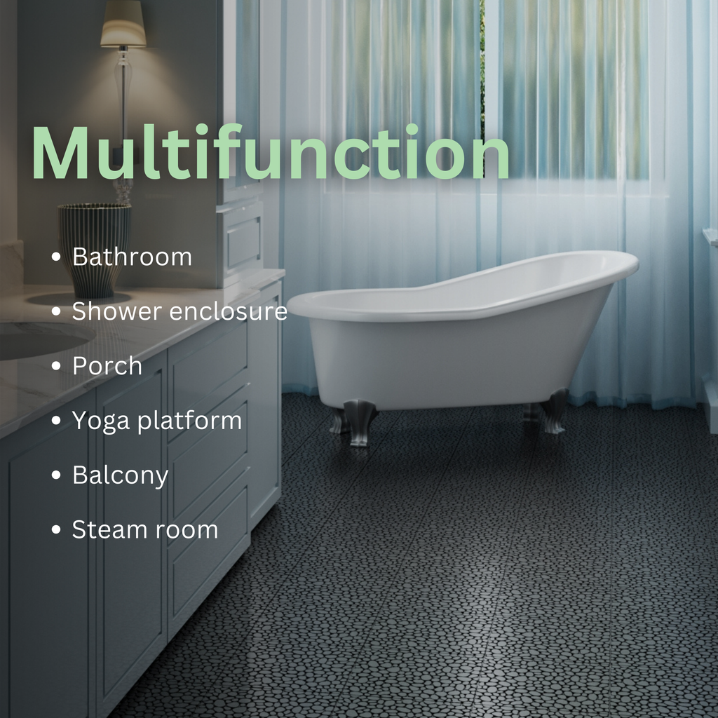 Black interlocking deck tiles from Anthony & Home, all-weather anti-slip polymer, 12x12 inch outdoor and indoor use.