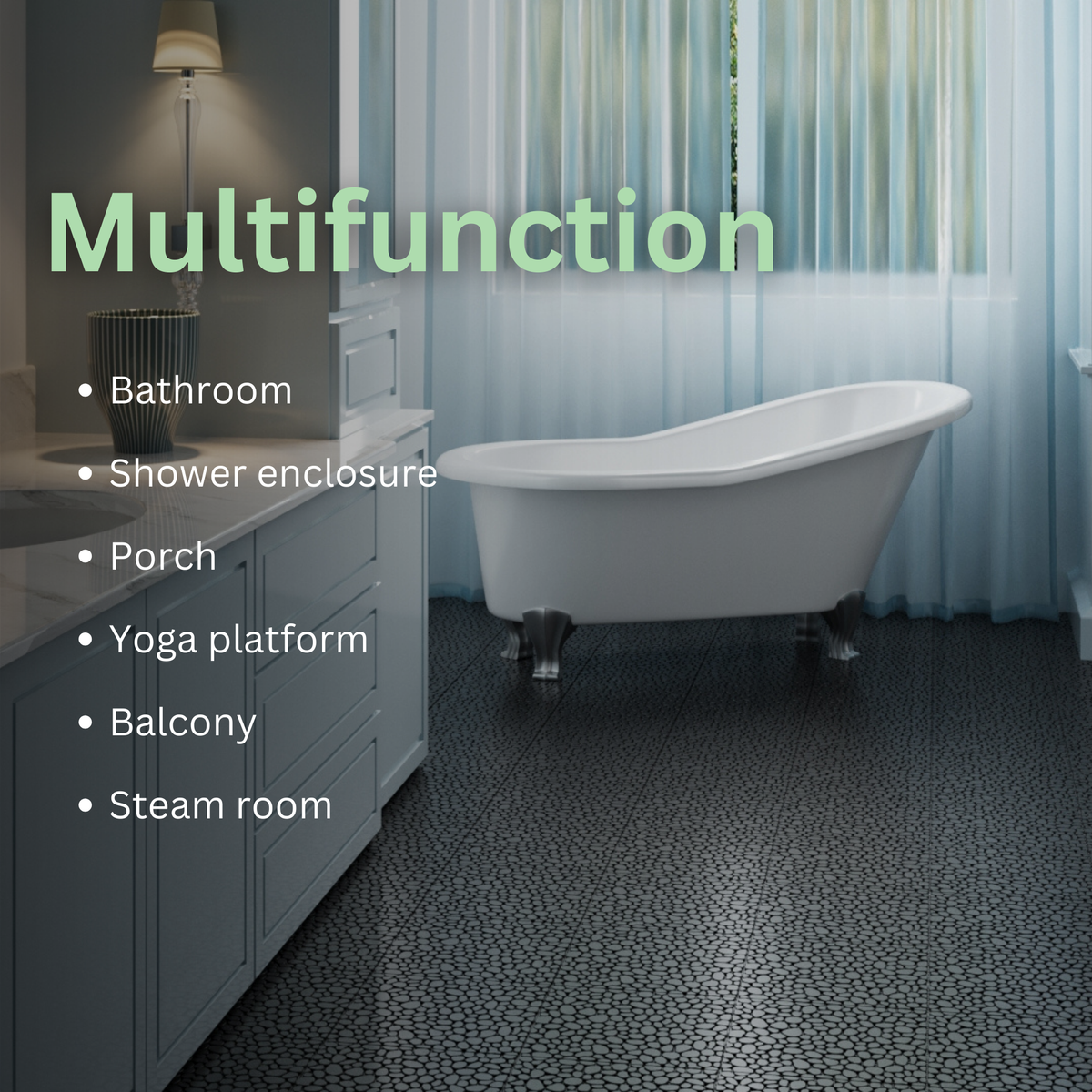 Black interlocking deck tiles from Anthony & Home, all-weather anti-slip polymer, 12x12 inch outdoor and indoor use.