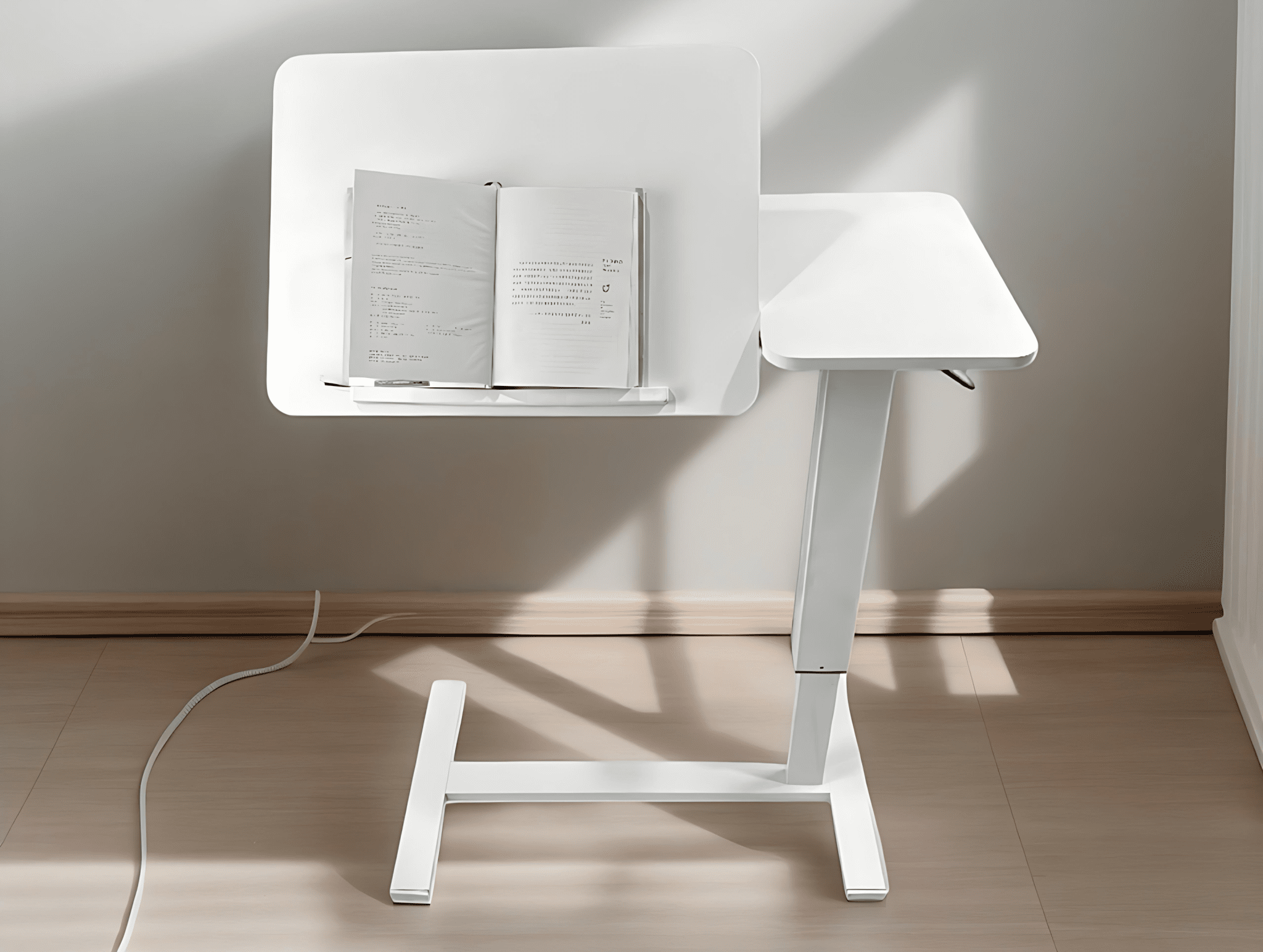 White MDF and metal overbed bedside desk by Anthony & Home, sleek modern design, Atelier Edition, perfect for bedside convenience