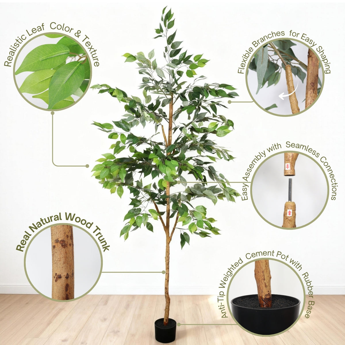 Artificial Ficus Tree, 6 ft with natural trunk in black pot, ideal for indoor home or office decor by Anthony & Home.