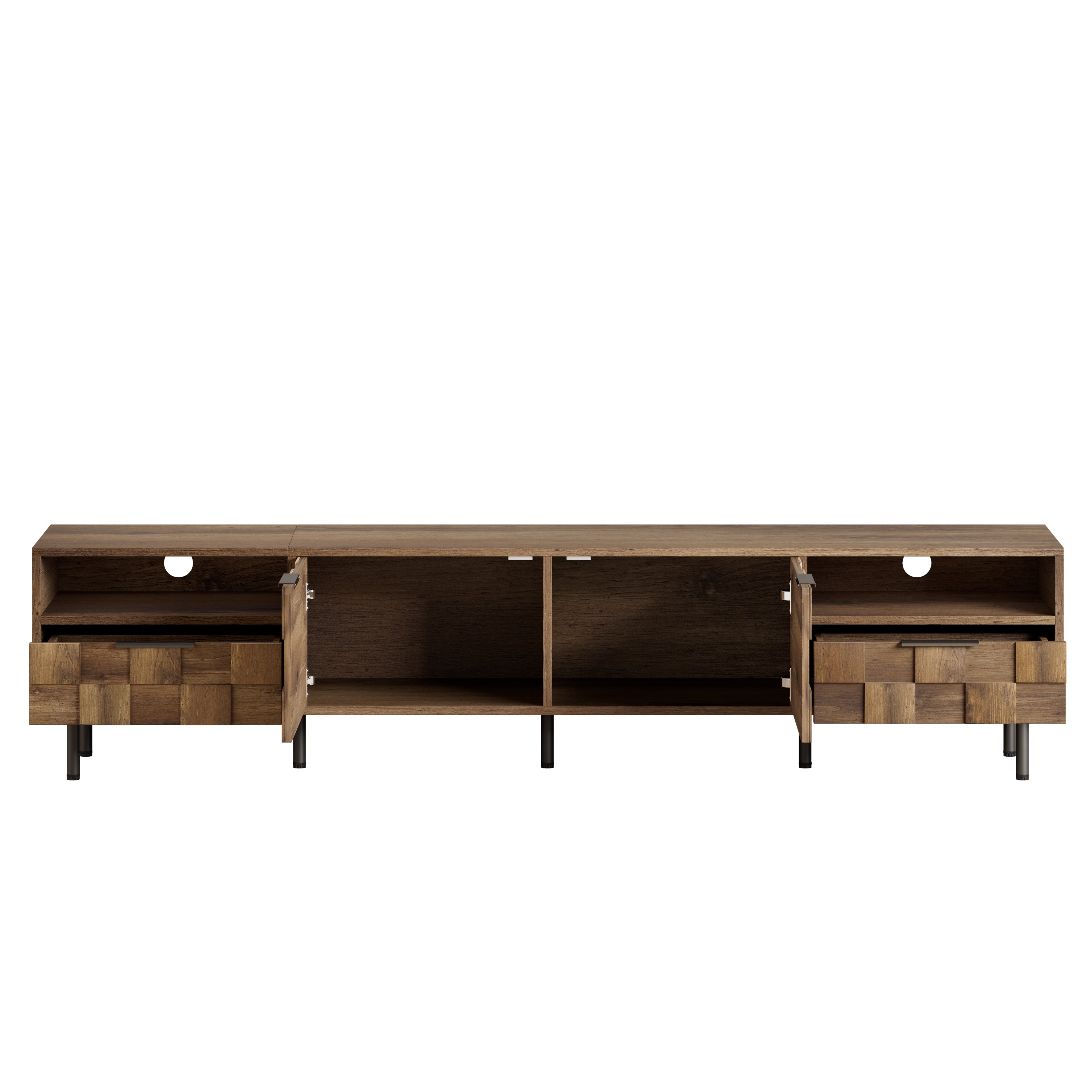 Mid-century Anthony & Home TV stand with natural finish, featuring two drawers and a sleek studio design.