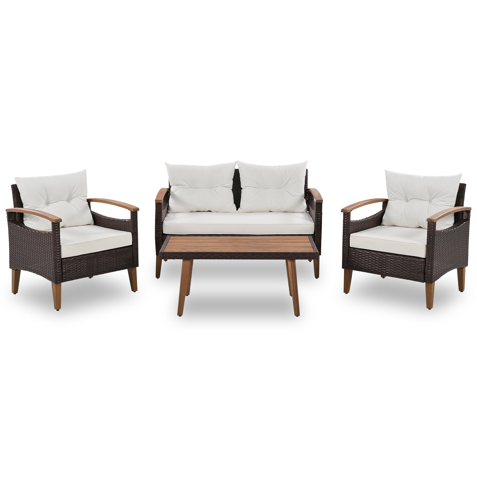 PE Rattan Outdoor Sofa Set 4 Piece With Wood Table And Legs Beige Exclusive Collection