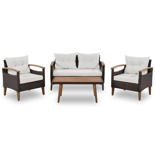 PE Rattan Outdoor Sofa Set 4 Piece With Wood Table And Legs Beige Exclusive Collection