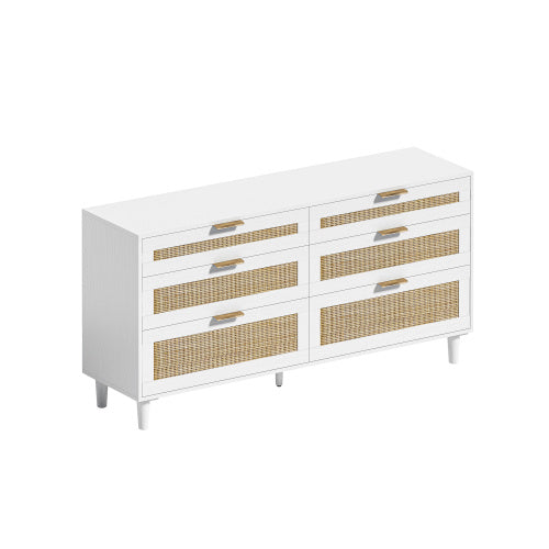 59 Inch Rattan Dresser With Six Drawers White Wood Legs