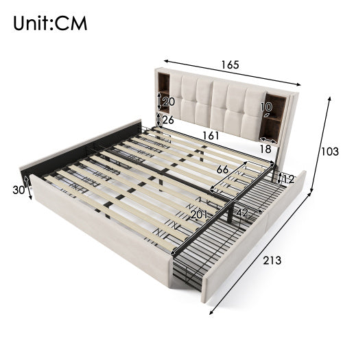 Beige Velvet Metal Bed Frame With USB C And Four Drawers