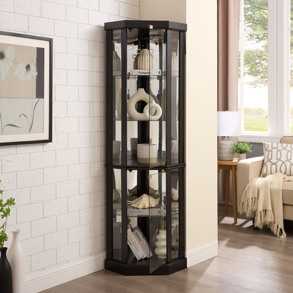 Anthony & Home Heritage lighted corner curio cabinet with glass display for antiques and wine collections.