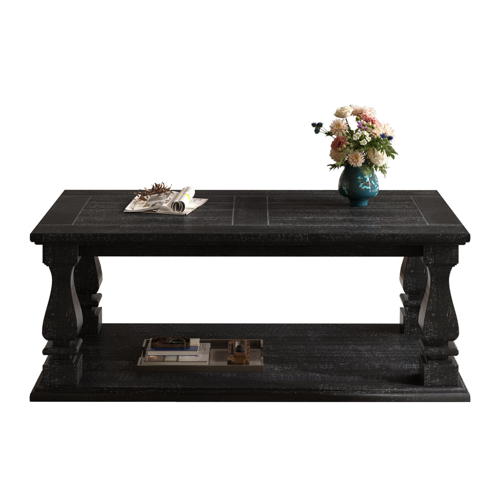 Weathered black farmhouse coffee table with heavy plank top, baluster legs, and storage shelf by Anthony & Home from the Atelier Collection.