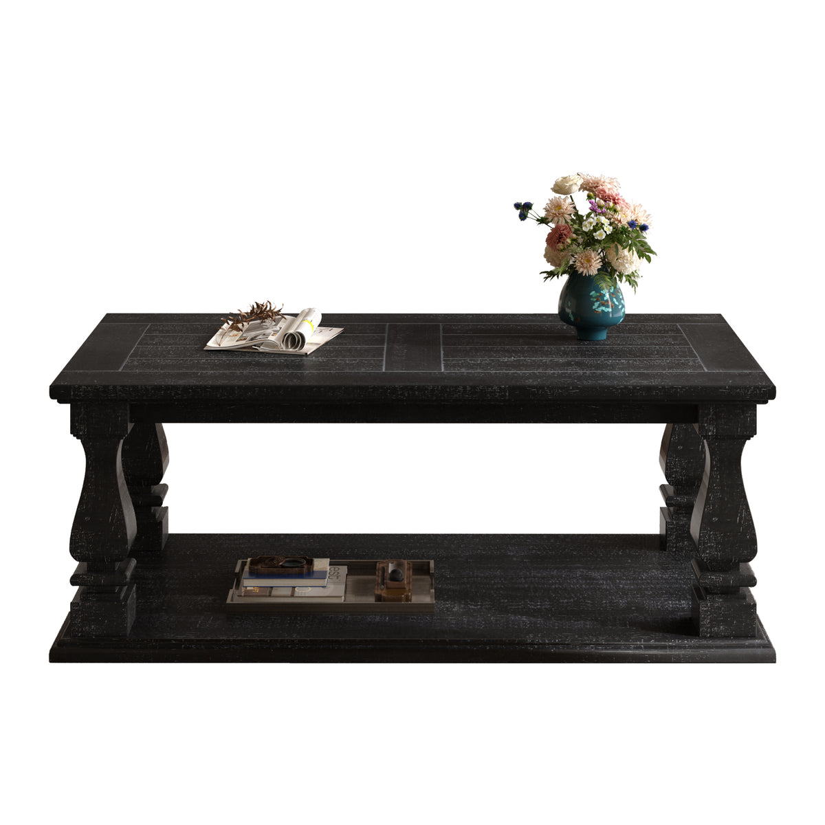 Weathered black farmhouse coffee table with heavy plank top, baluster legs, and storage shelf by Anthony & Home from the Atelier Collection.