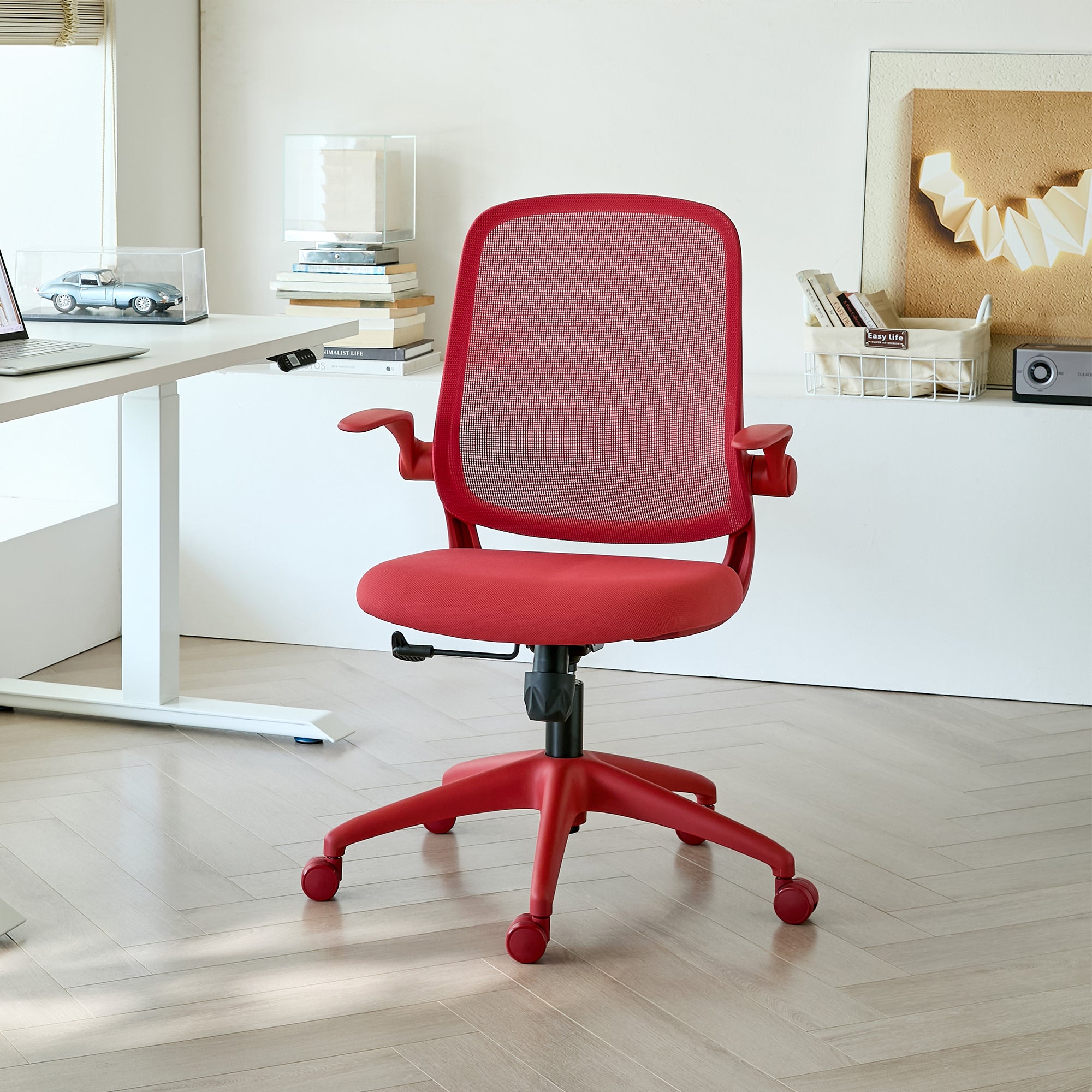 Anthony & Home ergonomic mesh office chair with integrated molded foam cushion from the Atelier Collection in red.