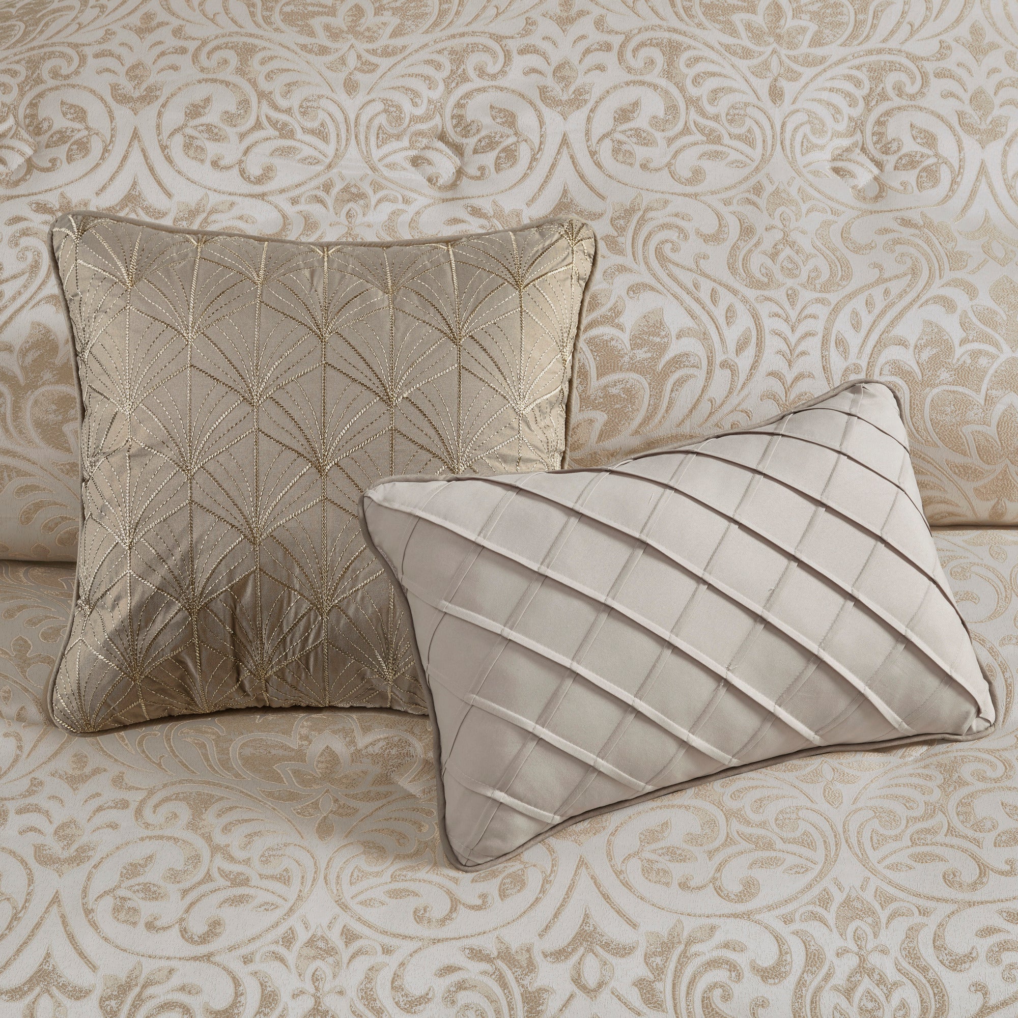 Emilia Jacquard Comforter Set in khaki with gold thread, queen size by Anthony & Home, featuring elegant textured fabric.