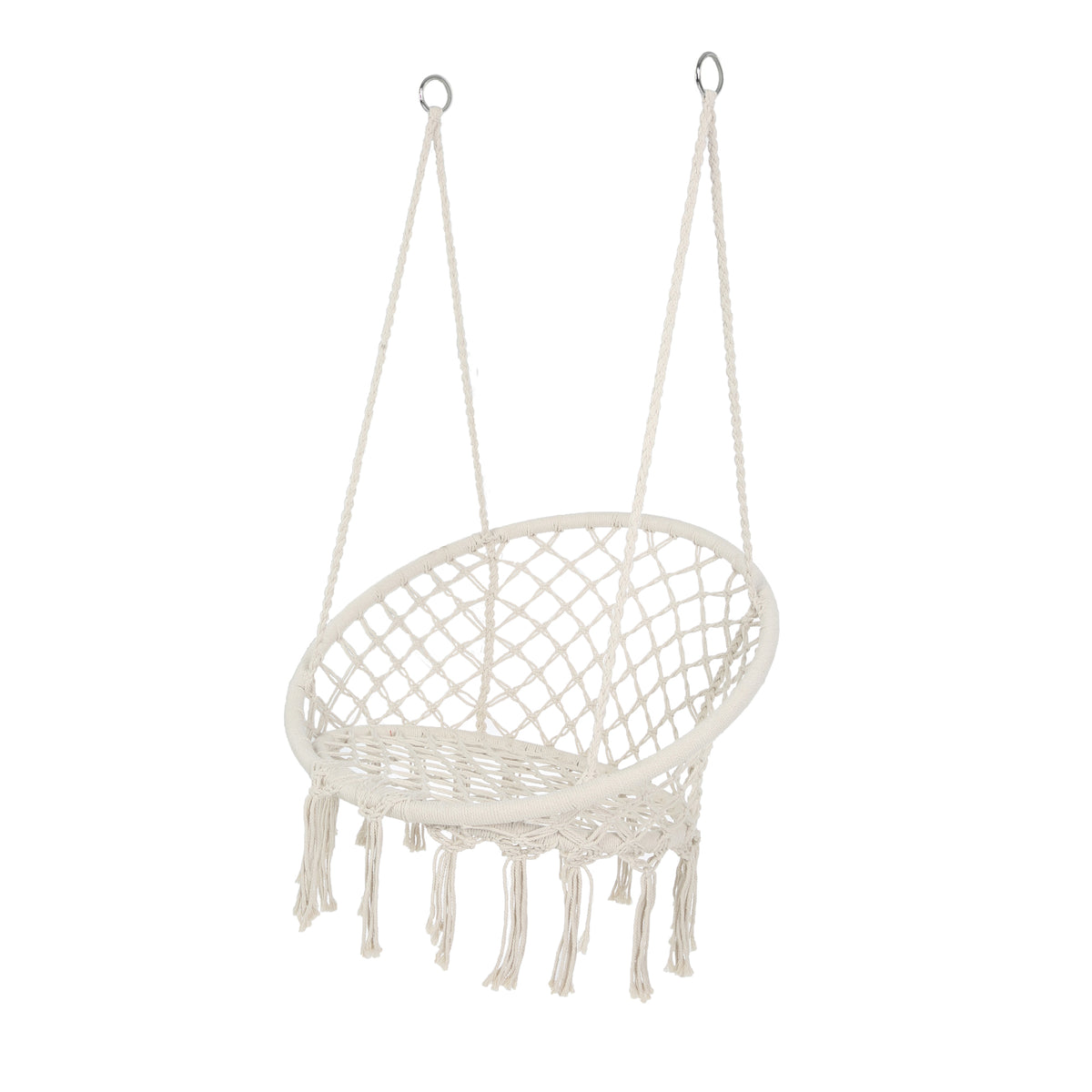 Anthony & Home Atelier Macrame Hammock Chair in luxe cotton rope, suitable for indoor and outdoor use, 330 lb capacity.