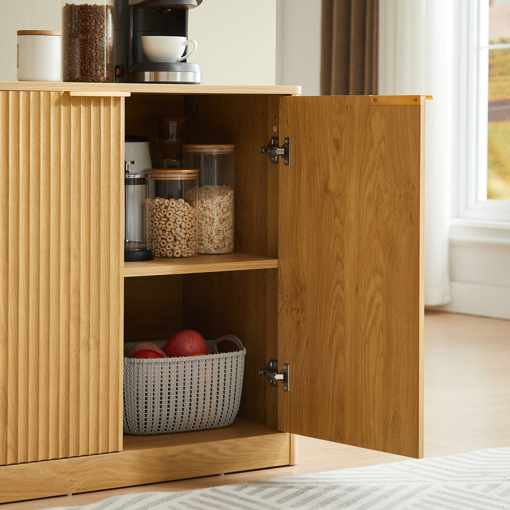 Anthony & Home Signature Curved Contour Sideboard with four doors, natural finish, 59-inch storage cabinet, modern furniture piece.