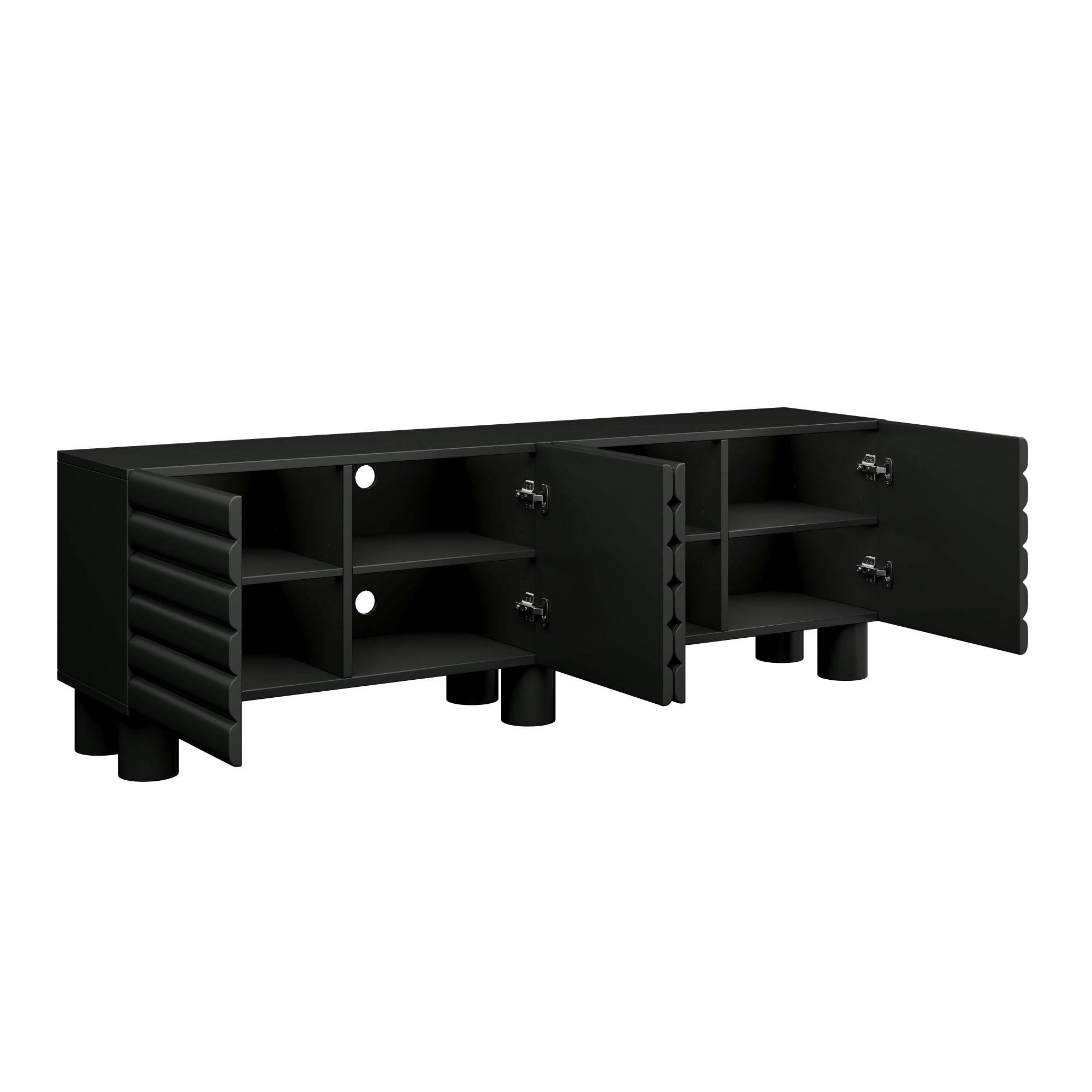 Limited edition matte black MDF media console with cylindrical legs for TVs up to 75 inches by Anthony & Home