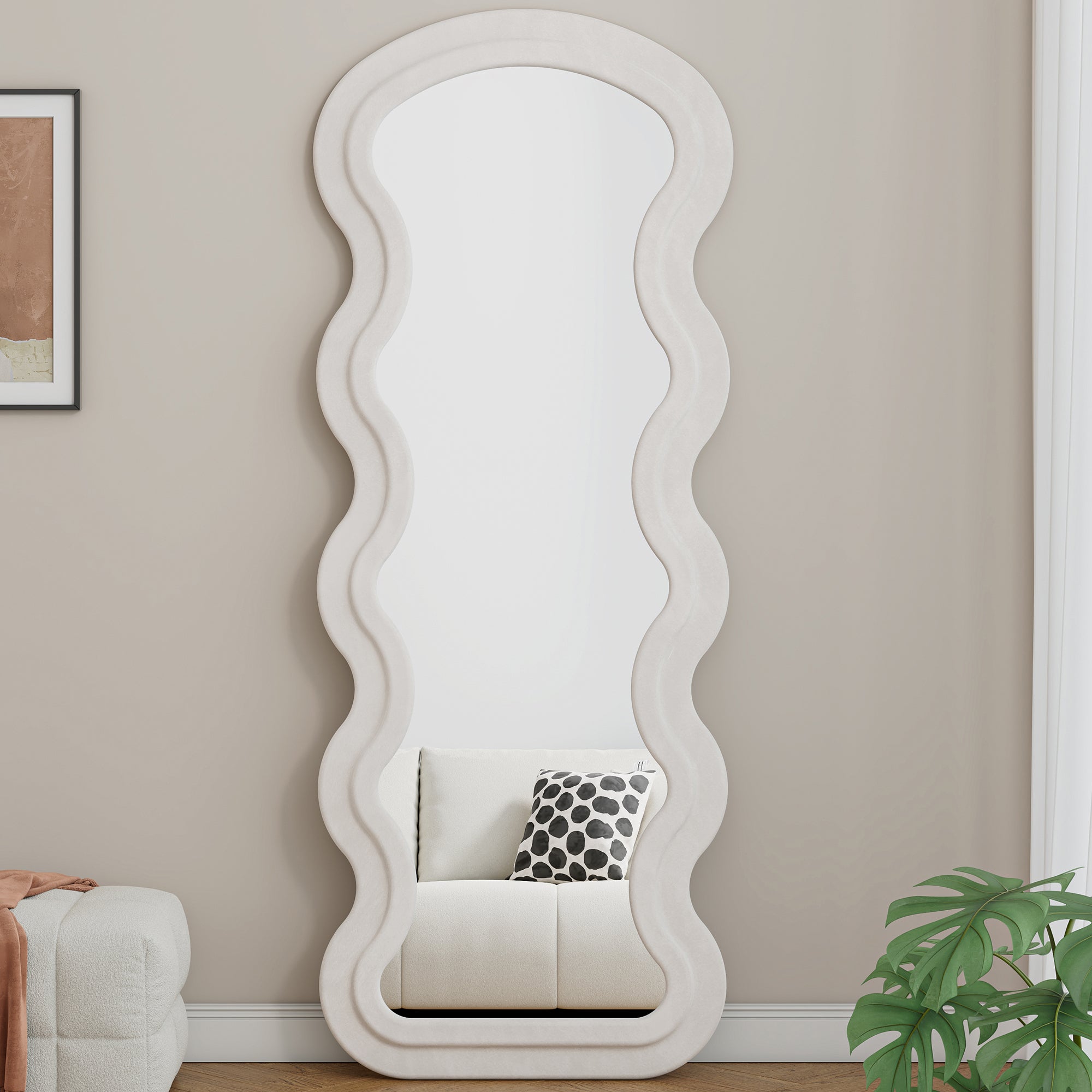Flannel Wave Full Length Floor Mirror In White Metal And Wood Frame For Wall Or Floor Use Exclusive Design