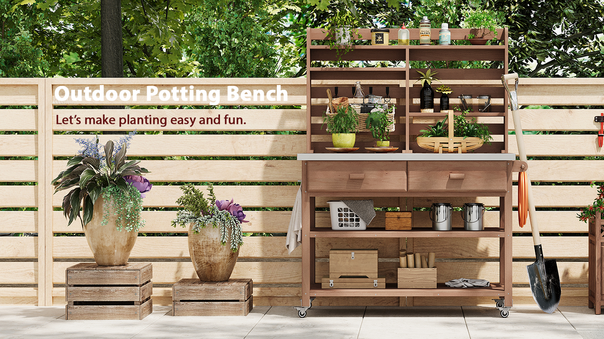 Anthony & Home outdoor potting bench with stainless steel top, featuring a sturdy wooden frame and ample workspace for gardening.