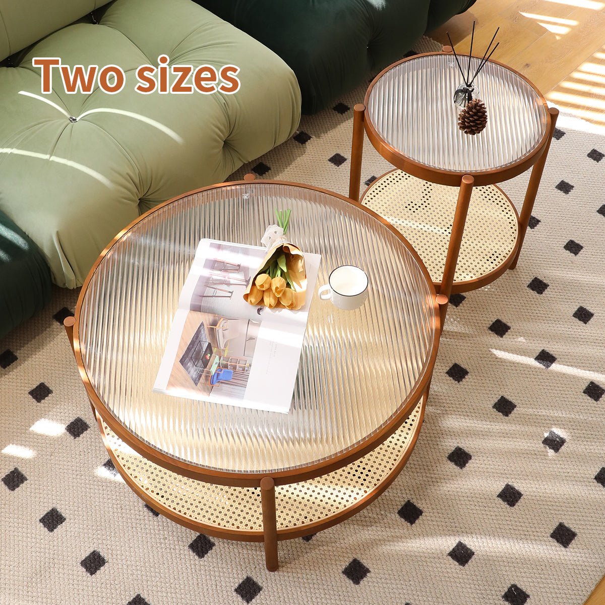 Pair of Anthony & Home nesting round wood coffee tables with tempered glass tops from the Tempered Glass Collection, natural wood finish.