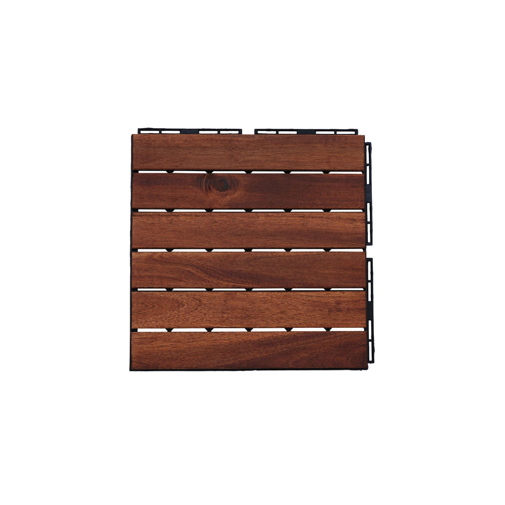 Anthony & Home Acacia Studio Interlocking Deck Tiles in striped pattern, 12-inch size, showcasing the textured wooden surface.