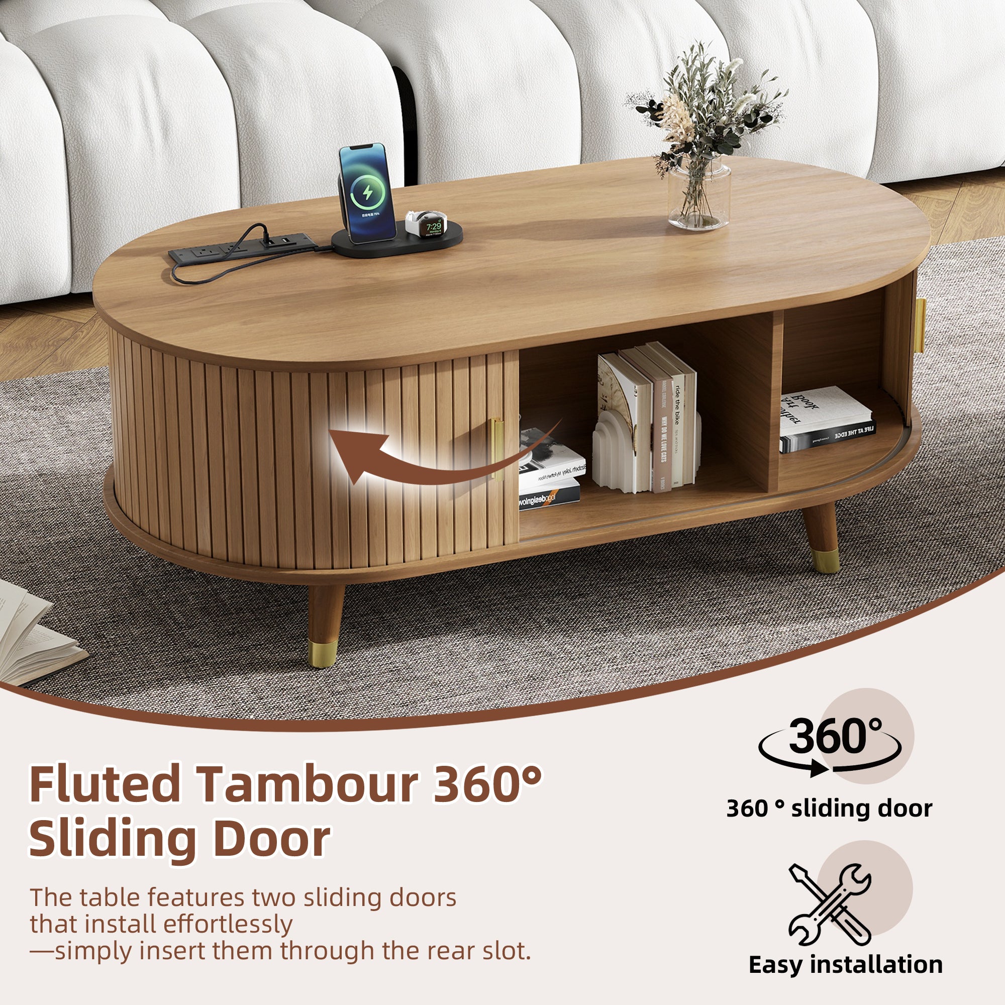 Anthony & Home Teak Veneer Mid-Century Media Console with sliding doors from the Atelier Collection, showcasing sleek wood grain and modern design.