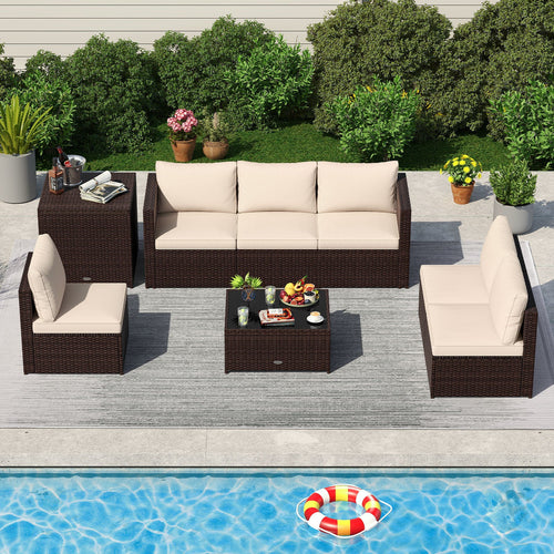 Beige 8-piece patio furniture set by DirectDeals with storage box and tempered glass coffee table, ideal for outdoor lounging.